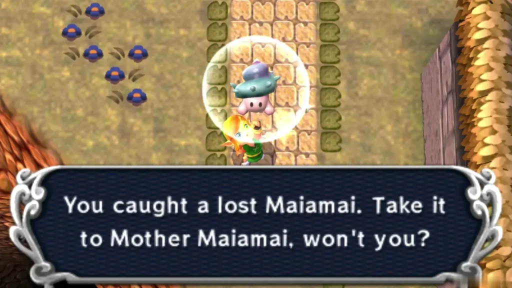 Link holding up a caught lost Maiamai in a bubble beside a thatched building on a cobbled path in Lorule's Skull Woods field Link holding up a caught lost Maiamai in a bubble beside a thatched building on a cobbled path in Lorule's Skull Woods field
