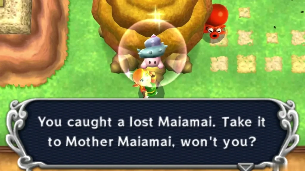 Link holding up a lost Maiamai in a bubble beside a lone yellow tree, pale ruin tiles and a red Octorok nearby Link holding up a lost Maiamai in a bubble beside a lone yellow tree, pale ruin tiles and a red Octorok nearby