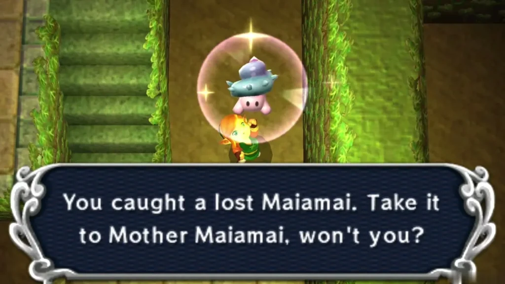 Link catching the lost Maiamai at the Dark Ruins entrance, the catch message on screen Link catching the lost Maiamai at the Dark Ruins entrance, the catch message on screen