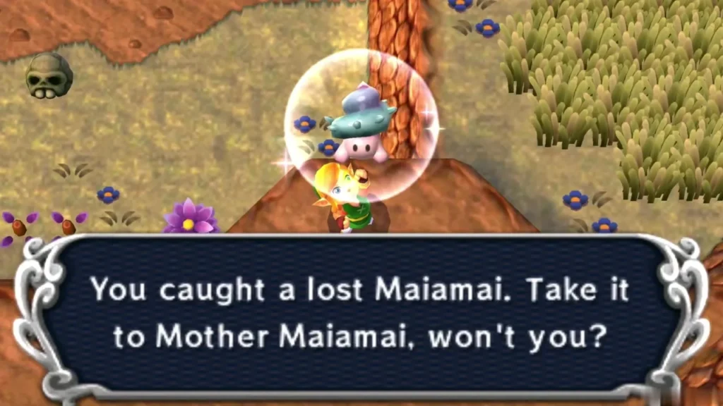 Link catching the lost Maiamai on the Dark Ruins ledge, the catch message on screen Link catching the lost Maiamai on the Dark Ruins ledge, the catch message on screen