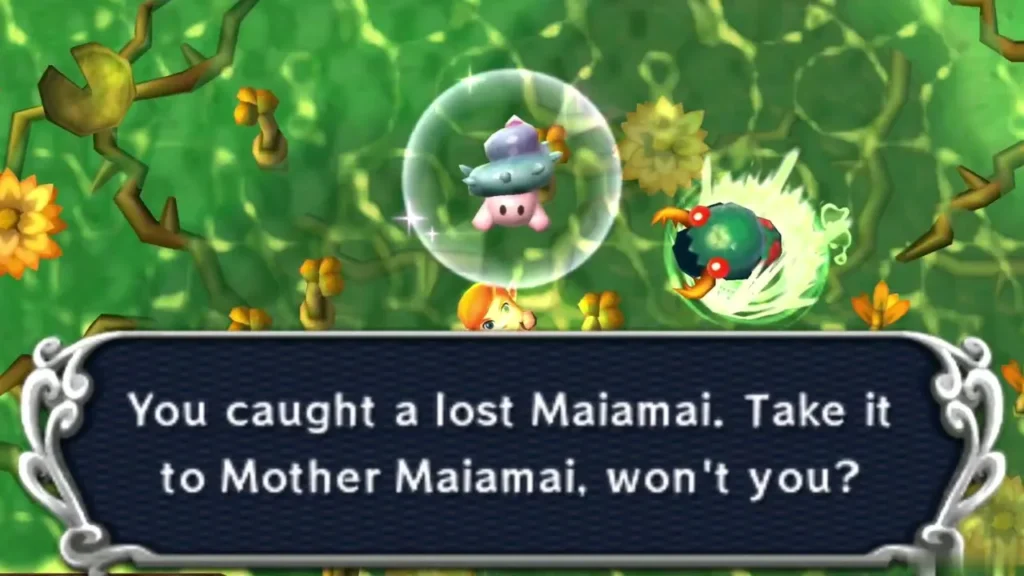 A caught lost Maiamai in a bubble above Link as he dives in the green swamp water of Lorule's Misery Mire, message complete A caught lost Maiamai in a bubble above Link as he dives in the green swamp water of Lorule's Misery Mire, message complete