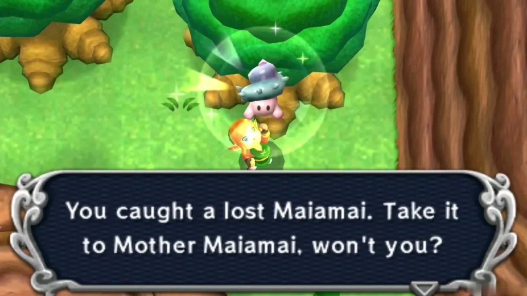 Link holding up a caught lost Maiamai in a bubble under a round tree beside a brown cliff, the catch message on screen Link holding up a caught lost Maiamai in a bubble under a round tree beside a brown cliff, the catch message on screen