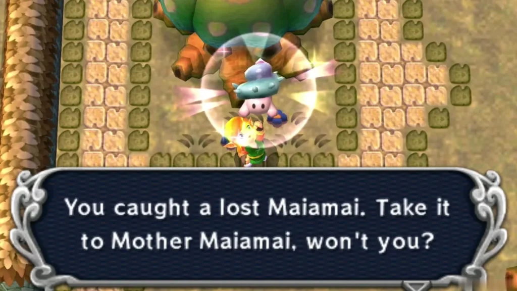 Link holding up a caught lost Maiamai in a bubble beneath the large tree, the catch message complete Link holding up a caught lost Maiamai in a bubble beneath the large tree, the catch message complete