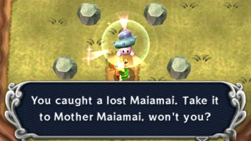 Link holding up a caught lost Maiamai in a bubble among grey rocks on olive ground, the catch message complete Link holding up a caught lost Maiamai in a bubble among grey rocks on olive ground, the catch message complete