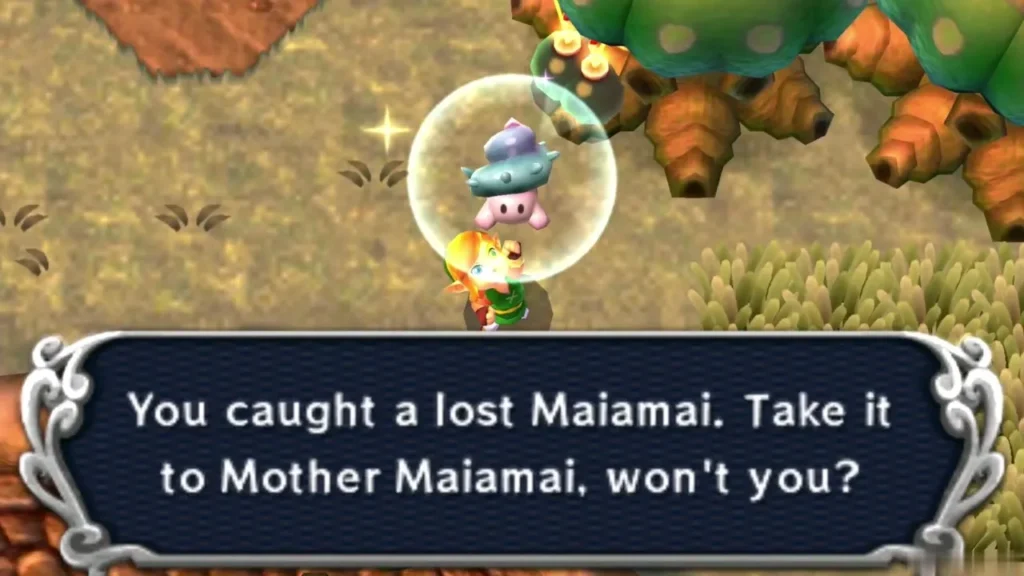 Link holding up a caught lost Maiamai in a bubble beside round trees and tall grass, the catch message complete Link holding up a caught lost Maiamai in a bubble beside round trees and tall grass, the catch message complete