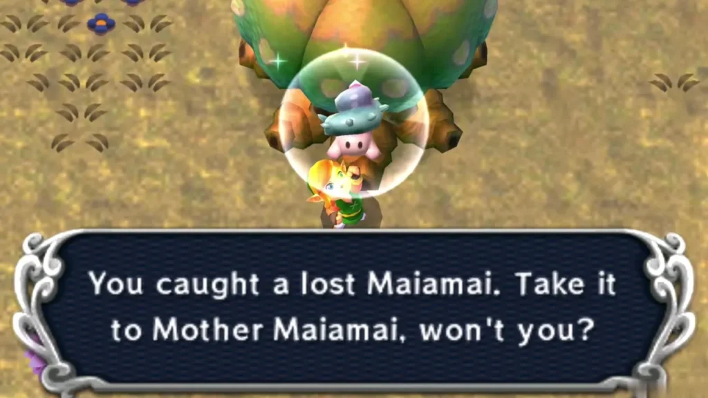 Link catching the lost Maiamai from the tree, the catch message on screen Link catching the lost Maiamai from the tree, the catch message on screen