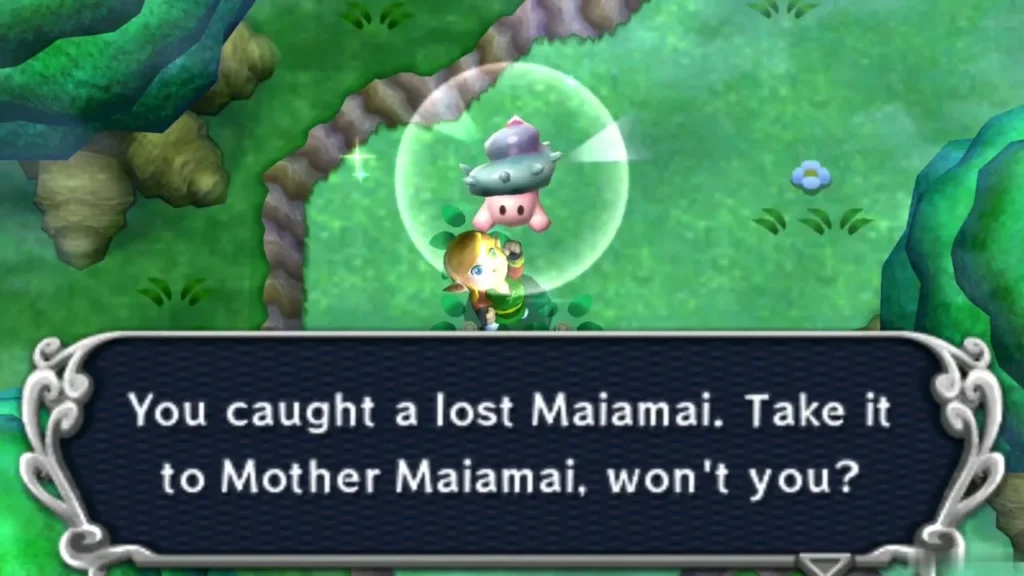 Link holding up a caught lost Maiamai in a bubble among green bushes at the edge of the Lost Woods, message complete Link holding up a caught lost Maiamai in a bubble among green bushes at the edge of the Lost Woods, message complete