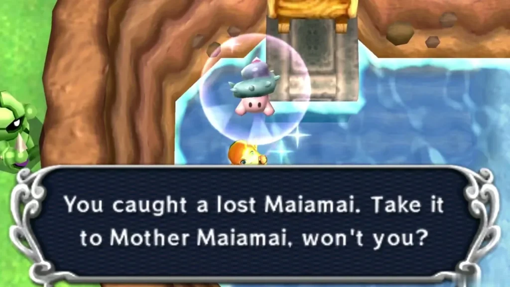 Link catching the lost Maiamai in the cliff-ringed pond, the catch message on screen Link catching the lost Maiamai in the cliff-ringed pond, the catch message on screen