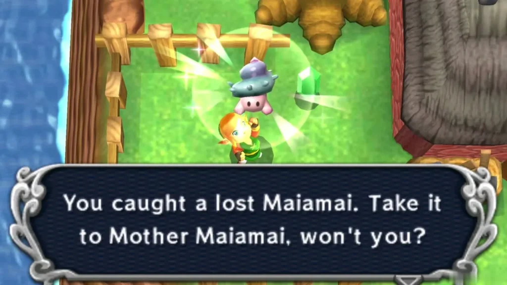 Link holding up a lost Maiamai in a bubble inside the fenced yard beside the Blacksmith's Forge Link holding up a lost Maiamai in a bubble inside the fenced yard beside the Blacksmith's Forge