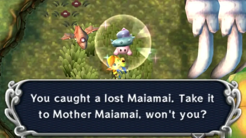 Link holding up a caught lost Maiamai in a bubble in the grass ring beside giant rib bones, the catch message complete Link holding up a caught lost Maiamai in a bubble in the grass ring beside giant rib bones, the catch message complete