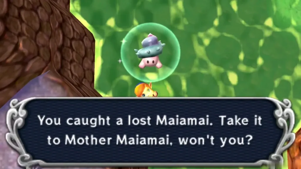 Link diving in green water with a caught lost Maiamai in a bubble above him, the catch message complete Link diving in green water with a caught lost Maiamai in a bubble above him, the catch message complete