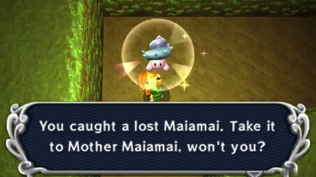 Link holding up a caught lost Maiamai in a bubble in a moss-walled room, the catch message complete Link holding up a caught lost Maiamai in a bubble in a moss-walled room, the catch message complete