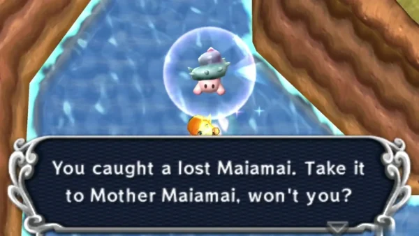 Link in a river between brown cliffs holding up a lost Maiamai in a bubble, a wooden ladder at the right bank Link in a river between brown cliffs holding up a lost Maiamai in a bubble, a wooden ladder at the right bank