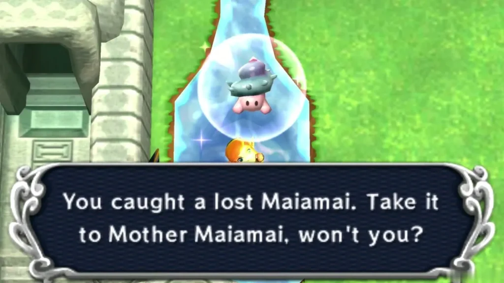 Link in a shallow water channel beside a stone ruin doorway, a lost Maiamai in a bubble above him Link in a shallow water channel beside a stone ruin doorway, a lost Maiamai in a bubble above him