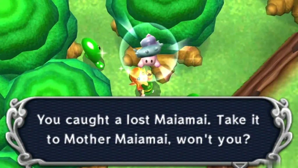 Link holding up a caught lost Maiamai in a bubble among round trees and green enemies, the catch message complete Link holding up a caught lost Maiamai in a bubble among round trees and green enemies, the catch message complete