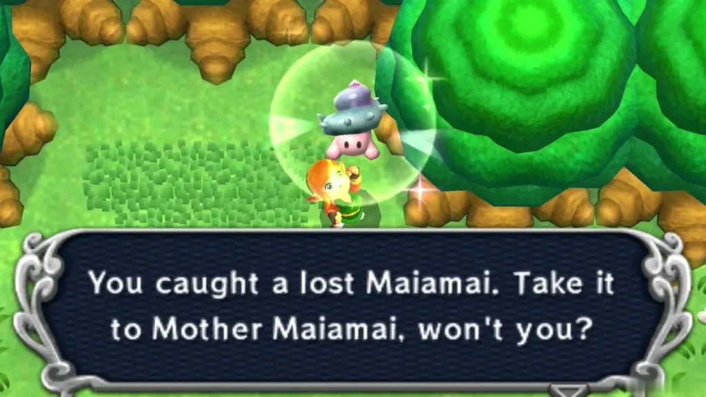 Link holding up a caught lost Maiamai in a bubble in a grassy clearing ringed by round trees, the catch message complete Link holding up a caught lost Maiamai in a bubble in a grassy clearing ringed by round trees, the catch message complete