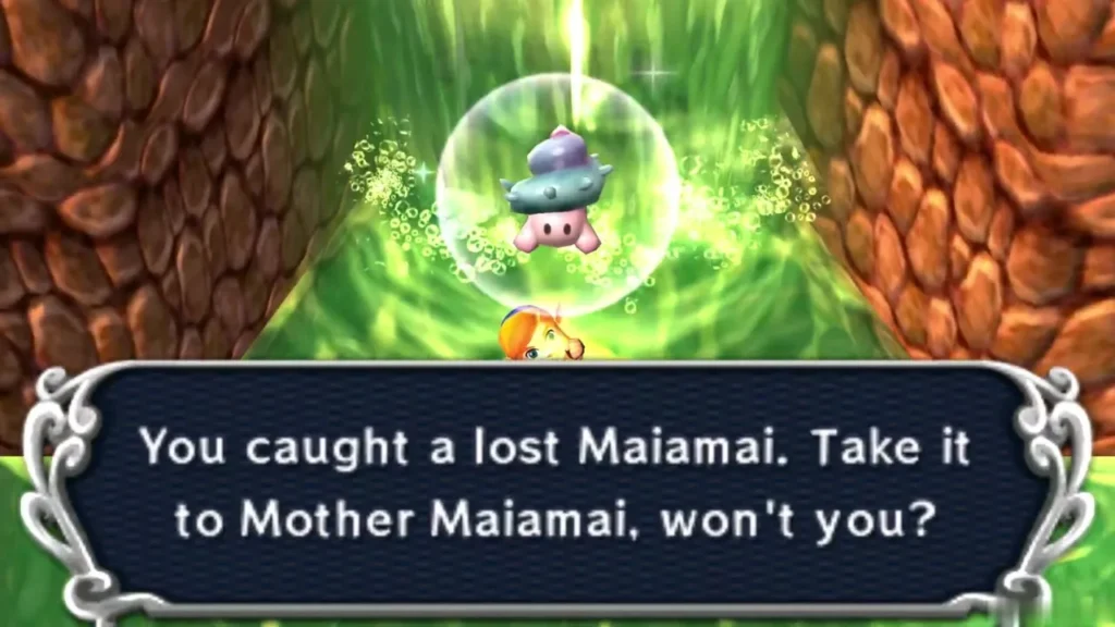 A caught lost Maiamai in a bubble above Link as he swims in a green pool beneath a green stream, the catch message complete A caught lost Maiamai in a bubble above Link as he swims in a green pool beneath a green stream, the catch message complete