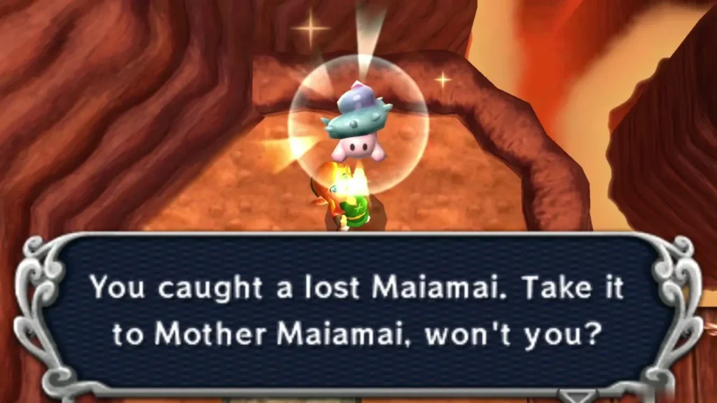 Link holding up a caught lost Maiamai in a bubble on a Death Mountain ledge beside a wooden bridge, message complete Link holding up a caught lost Maiamai in a bubble on a Death Mountain ledge beside a wooden bridge, message complete