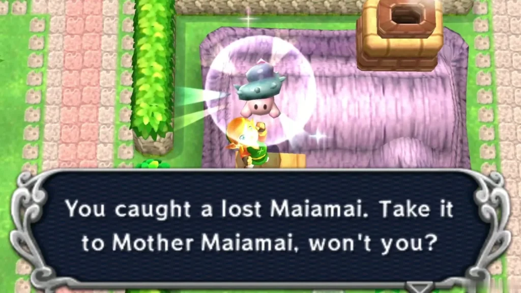 Link on a purple thatched rooftop beside the chimney holding up a lost Maiamai in a bubble Link on a purple thatched rooftop beside the chimney holding up a lost Maiamai in a bubble