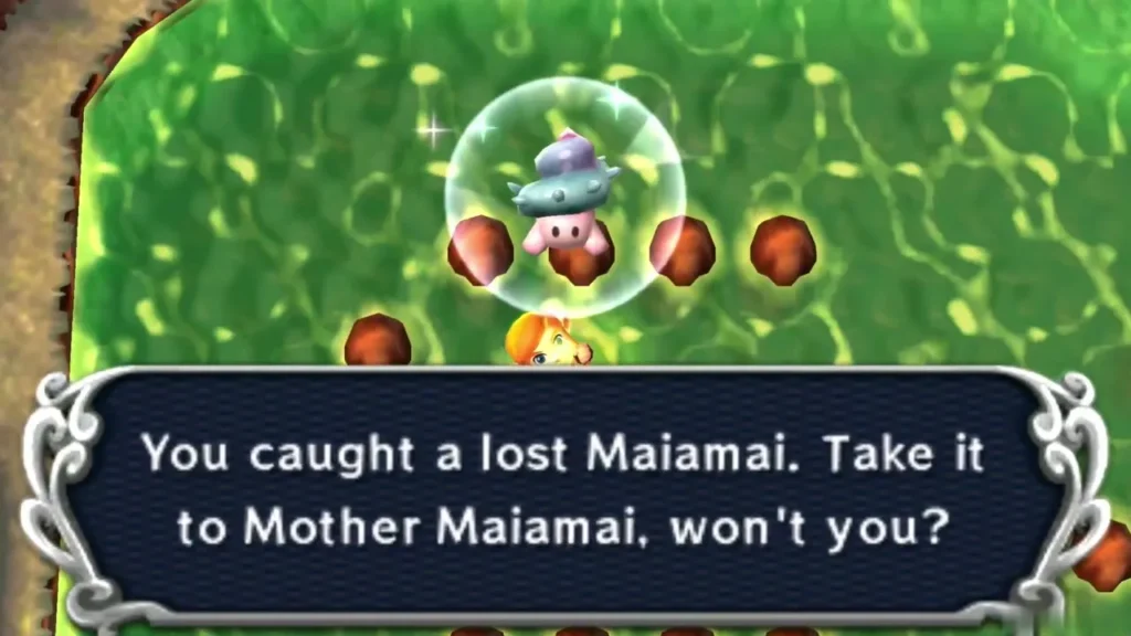 Link holding up a caught lost Maiamai in a bubble in green water ringed with brown rock stumps, the catch message complete Link holding up a caught lost Maiamai in a bubble in green water ringed with brown rock stumps, the catch message complete
