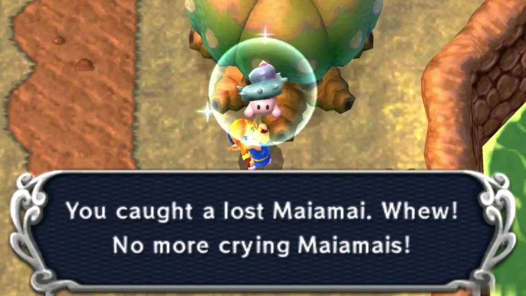Link holding up a caught lost Maiamai in a bubble beneath a round tree, the no more crying Maiamais message complete Link holding up a caught lost Maiamai in a bubble beneath a round tree, the no more crying Maiamais message complete