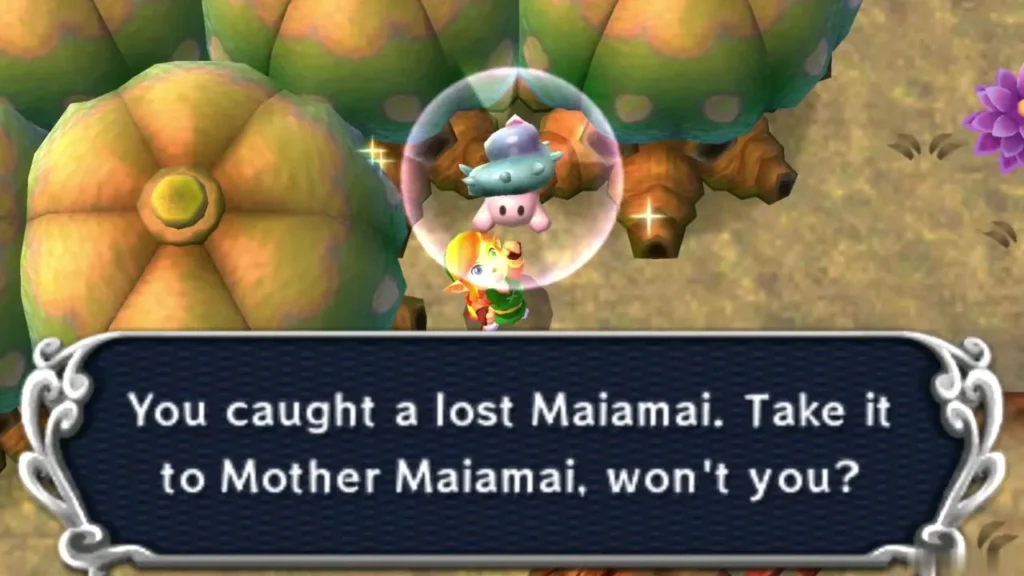 Link holding up a caught lost Maiamai in a bubble beneath big orange trees, the catch message complete Link holding up a caught lost Maiamai in a bubble beneath big orange trees, the catch message complete