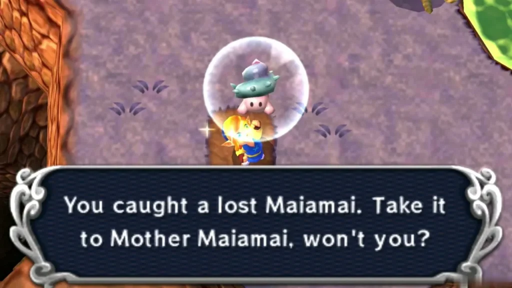 Link catching a lost Maiamai found under the large rock, the catch message on screen Link catching a lost Maiamai found under the large rock, the catch message on screen