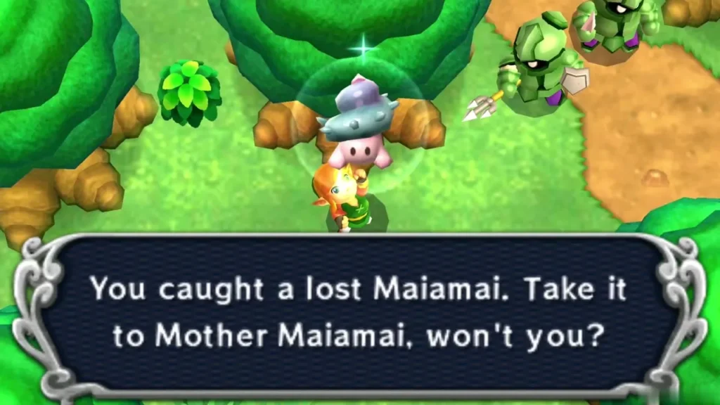 Link holding up a caught lost Maiamai in a bubble beneath a round tree, the catch message complete Link holding up a caught lost Maiamai in a bubble beneath a round tree, the catch message complete