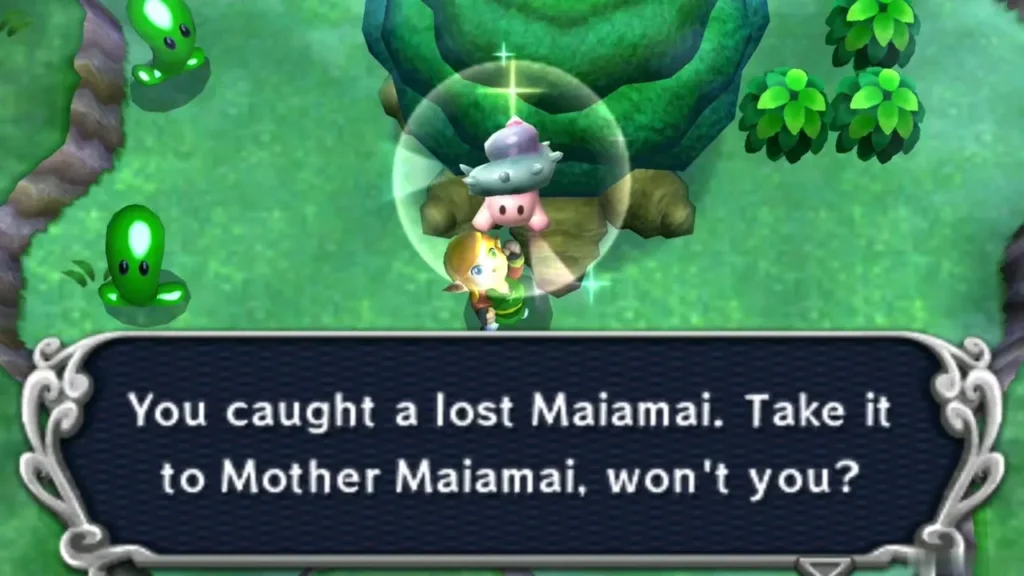 Link holding up a caught lost Maiamai in a bubble below a round green tree in the Lost Woods, message complete Link holding up a caught lost Maiamai in a bubble below a round green tree in the Lost Woods, message complete
