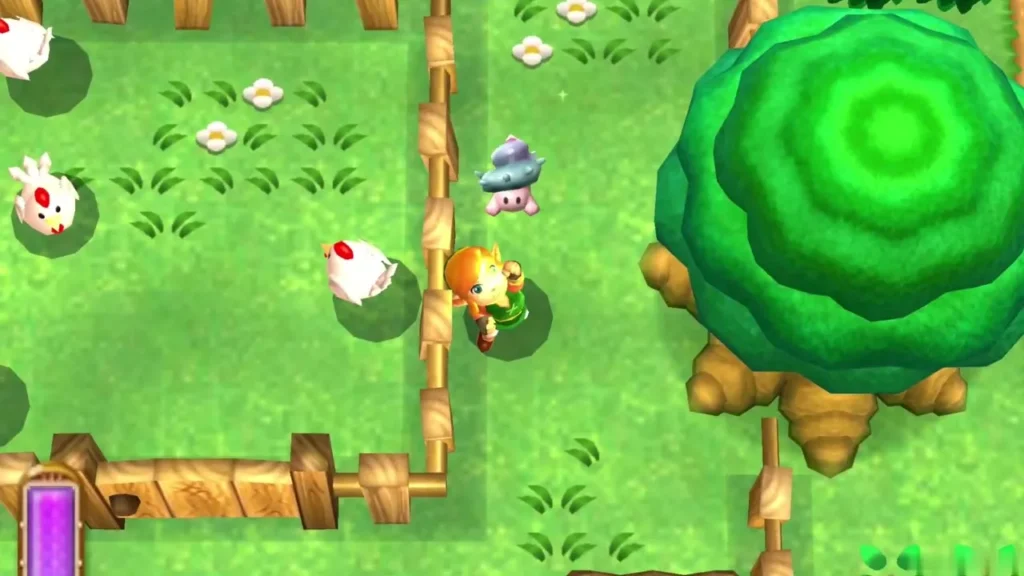 A lost Maiamai tumbling beside Link next to the large tree at the Cucco Ranch fence, Cuccos in the pen A lost Maiamai tumbling beside Link next to the large tree at the Cucco Ranch fence, Cuccos in the pen