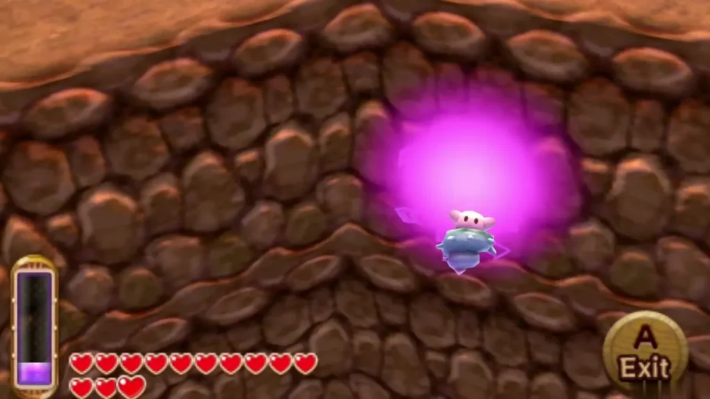 A lost Maiamai glowing pink in a cobbled brown wall in Lorule, with the Exit prompt showing A lost Maiamai glowing pink in a cobbled brown wall in Lorule, with the Exit prompt showing
