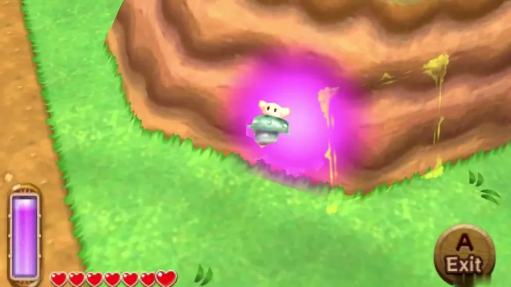 A lost Maiamai glowing in a pink flash on a grassy cliff wall while Link is merged into it, the Exit prompt showing A lost Maiamai glowing in a pink flash on a grassy cliff wall while Link is merged into it, the Exit prompt showing