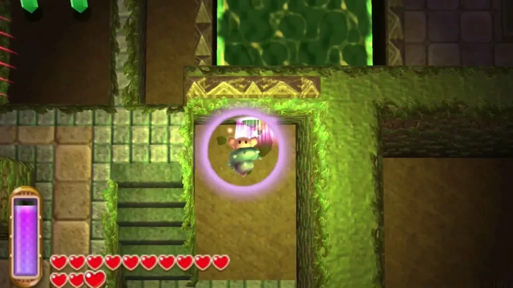 Link merged into the wall at a stone entrance in the Dark Ruins, a lost Maiamai glowing beside him Link merged into the wall at a stone entrance in the Dark Ruins, a lost Maiamai glowing beside him