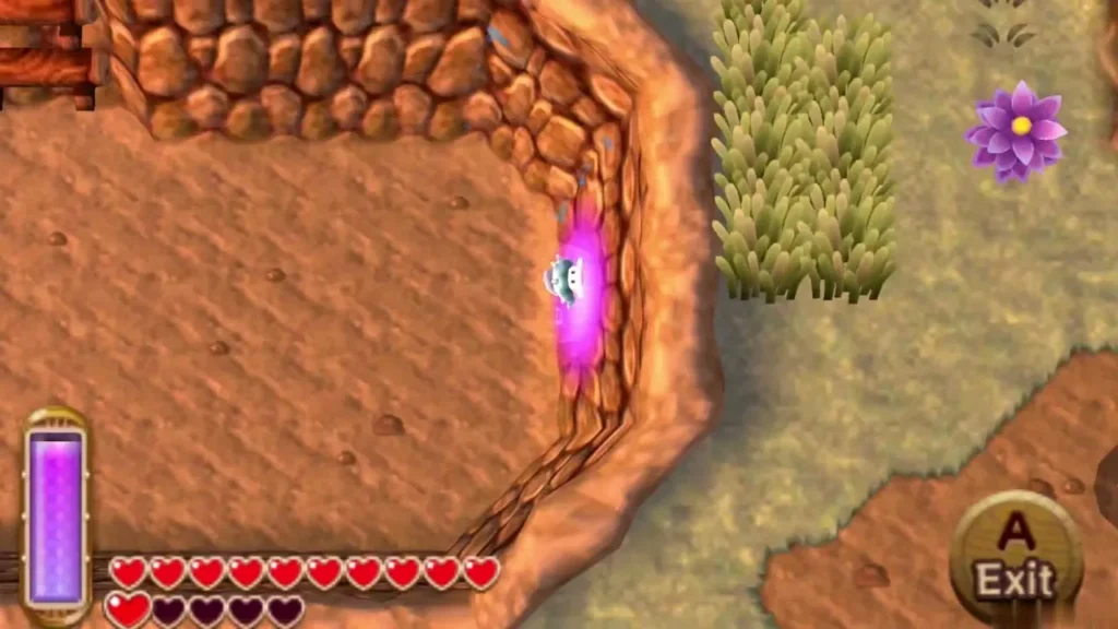 A Maiamai glowing on the east rock wall of a small dirt pit, with the Exit prompt on screen A Maiamai glowing on the east rock wall of a small dirt pit, with the Exit prompt on screen