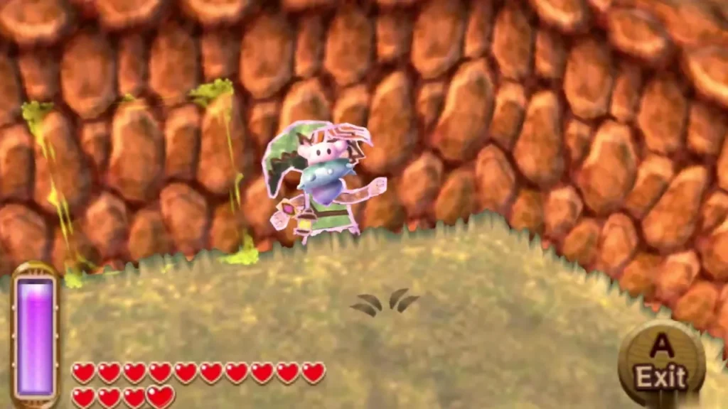 Link merged into a cobbled brown cliff wall with a lost Maiamai floating beside him, the Exit prompt showing Link merged into a cobbled brown cliff wall with a lost Maiamai floating beside him, the Exit prompt showing