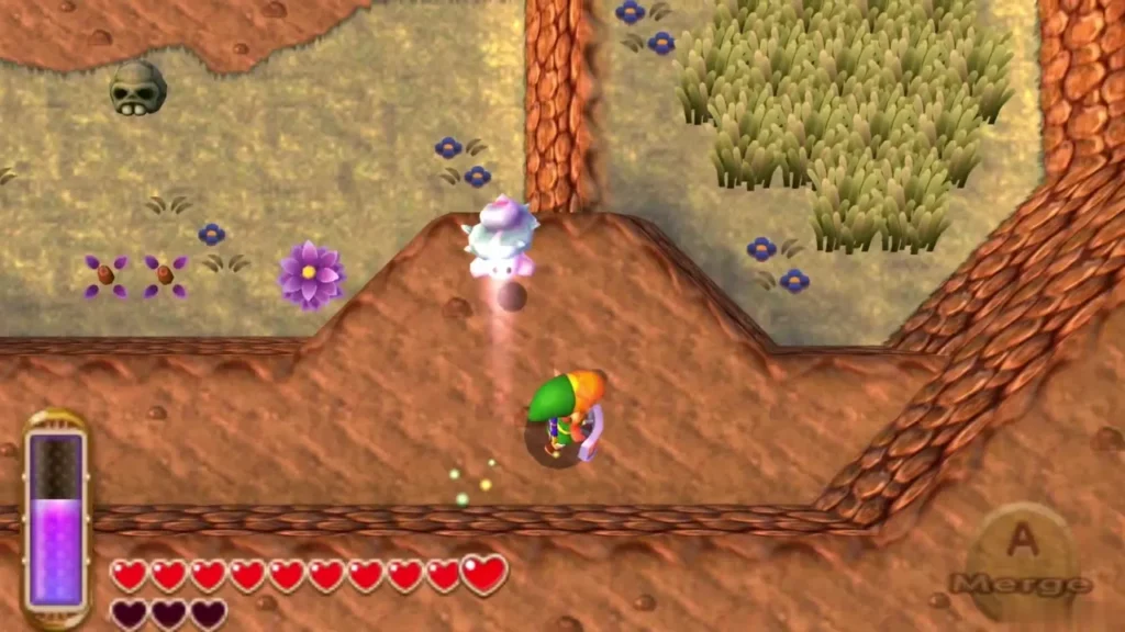 Link by a dirt ledge wall in the Dark Ruins, a lost Maiamai appearing above him Link by a dirt ledge wall in the Dark Ruins, a lost Maiamai appearing above him