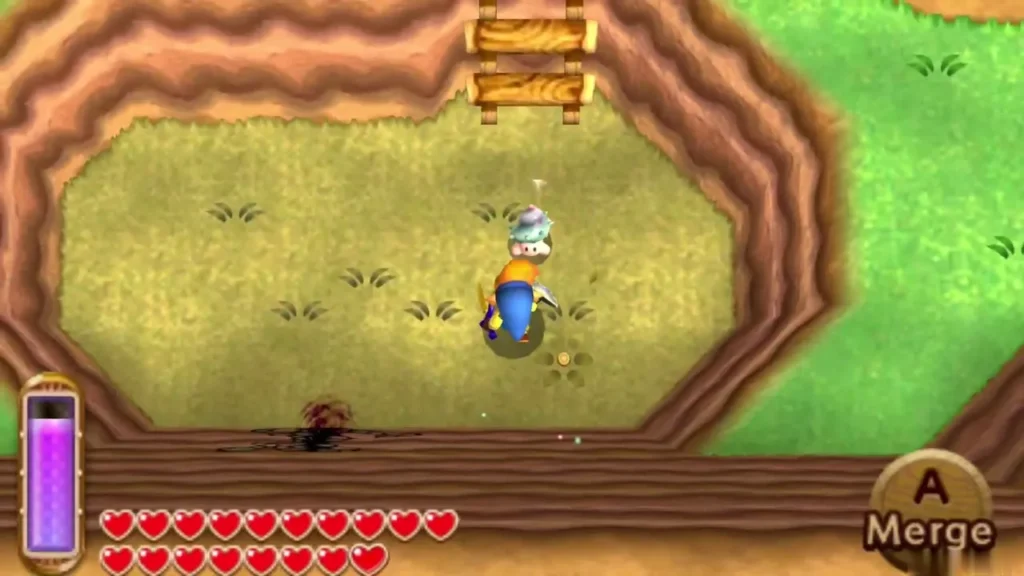 Link on a ledge ringed by brown cliff with a ladder above, the Merge prompt showing and a lost Maiamai above him Link on a ledge ringed by brown cliff with a ladder above, the Merge prompt showing and a lost Maiamai above him