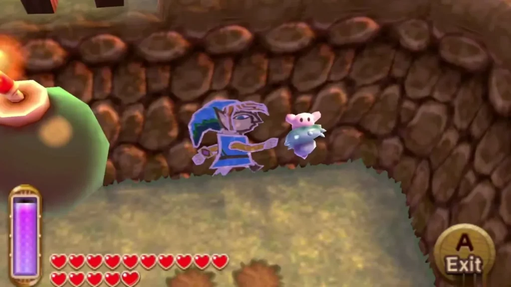 Link merged into a cobbled brown wall with a lost Maiamai beside him, the Exit prompt showing Link merged into a cobbled brown wall with a lost Maiamai beside him, the Exit prompt showing