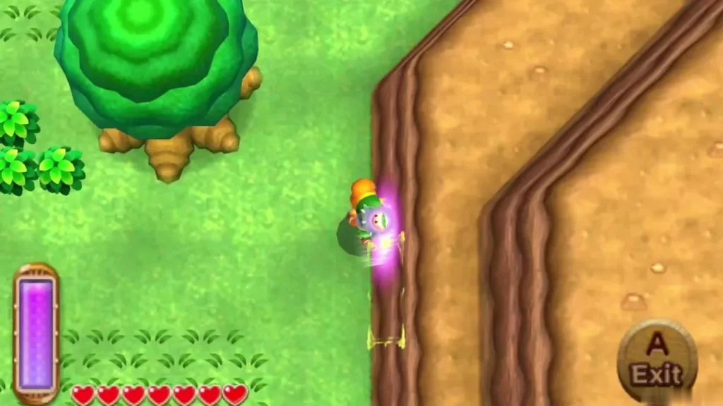 Link merged into the brown cliff wall beside a tree, the Exit prompt showing on screen Link merged into the brown cliff wall beside a tree, the Exit prompt showing on screen