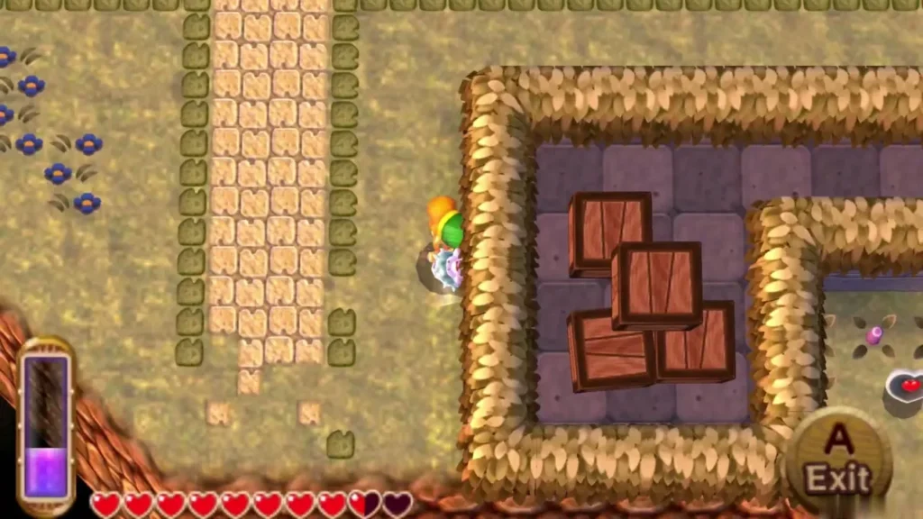 Link merged into the west wall of a thatched building with crates inside, a lost Maiamai beside him, Exit prompt showing Link merged into the west wall of a thatched building with crates inside, a lost Maiamai beside him, Exit prompt showing