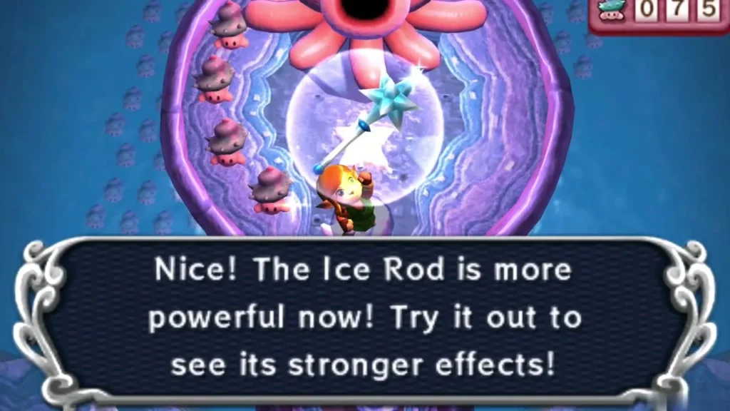 Mother Maiamai upgrading Link's Ice Rod, with the Ice Rod is more powerful message on screen