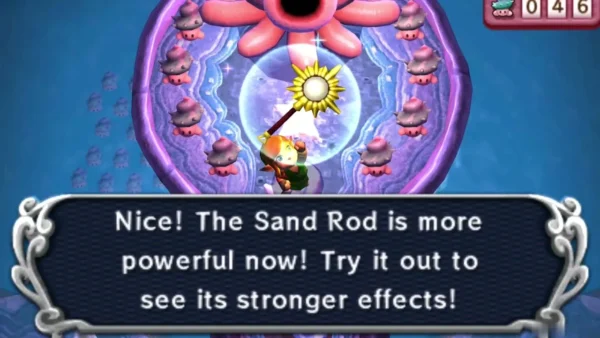 Mother Maiamai upgrading the Sand Rod, with the Sand Rod is more powerful message on screen
