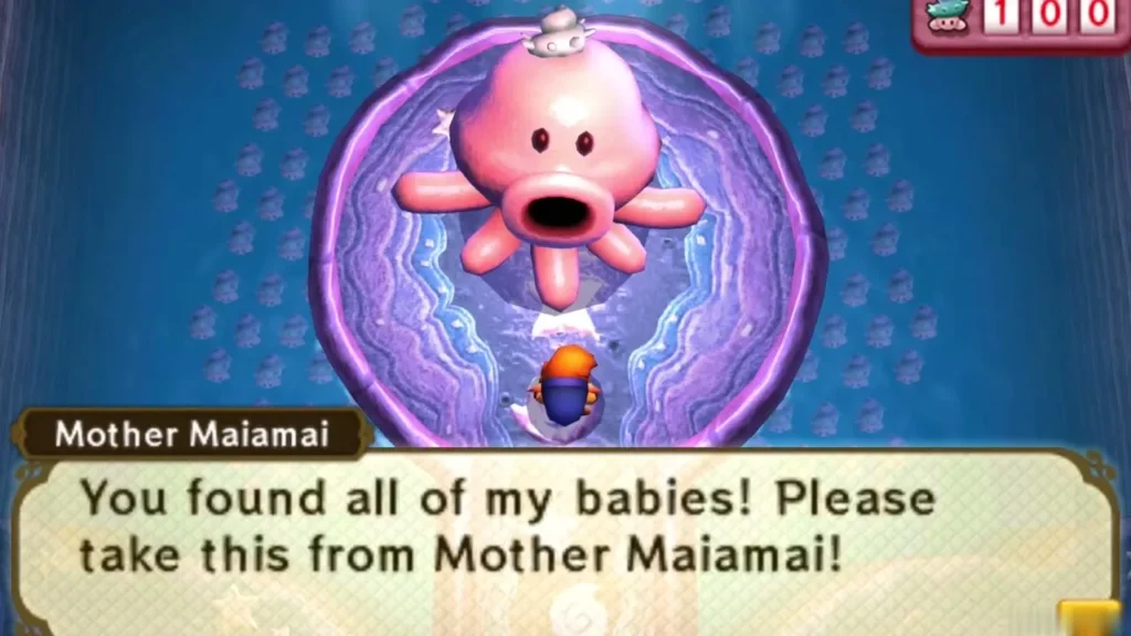 Mother Maiamai above Link in the pool, saying "You found all of my babies!"