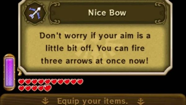 Nice Bow item box stating Link can fire three arrows at once