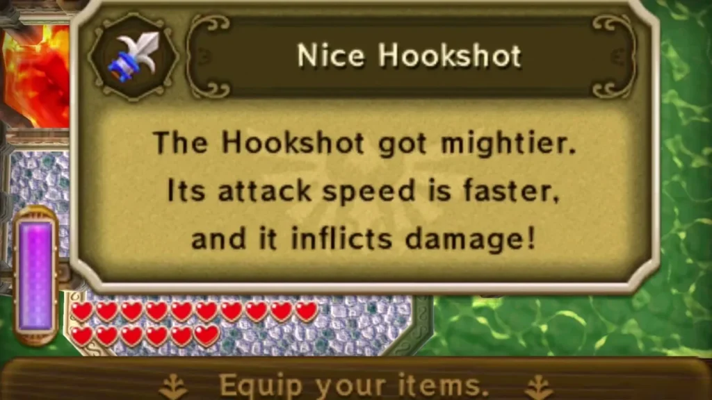 Nice Hookshot item box saying the hookshot got mightier and now inflicts damage