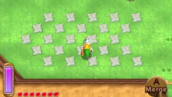 Link among a field of pale stone tiles on grass, with the Merge prompt on screen
