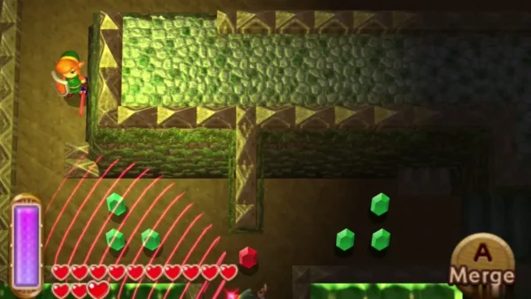 Green Rupees on a stone floor beside a cobbled wall, with the Merge prompt on screen