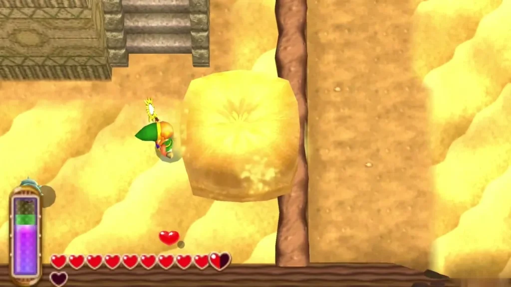 Link beside a raised sand pillar in the desert, with the stone stairs of the Weather Vane behind him Link beside a raised sand pillar in the desert, with the stone stairs of the Weather Vane behind him