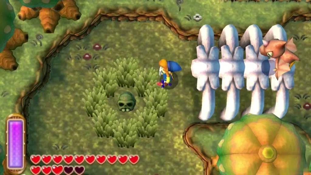 A skull lying in the middle of a ring of tall grass beside giant white rib bones, with Link beside it A skull lying in the middle of a ring of tall grass beside giant white rib bones, with Link beside it