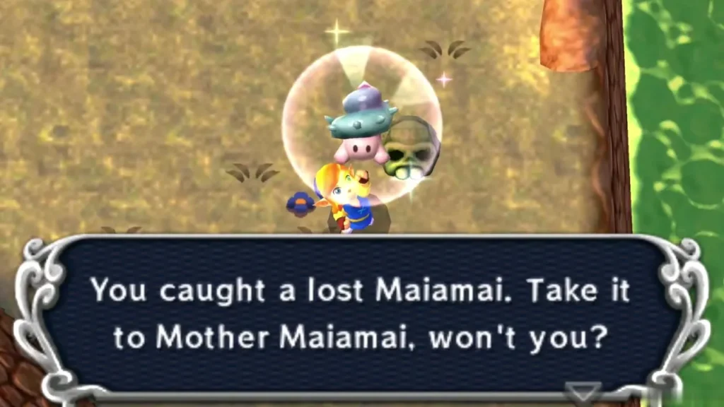 Link holding up a caught lost Maiamai in a bubble by a skull on a plateau above the green lake Link holding up a caught lost Maiamai in a bubble by a skull on a plateau above the green lake